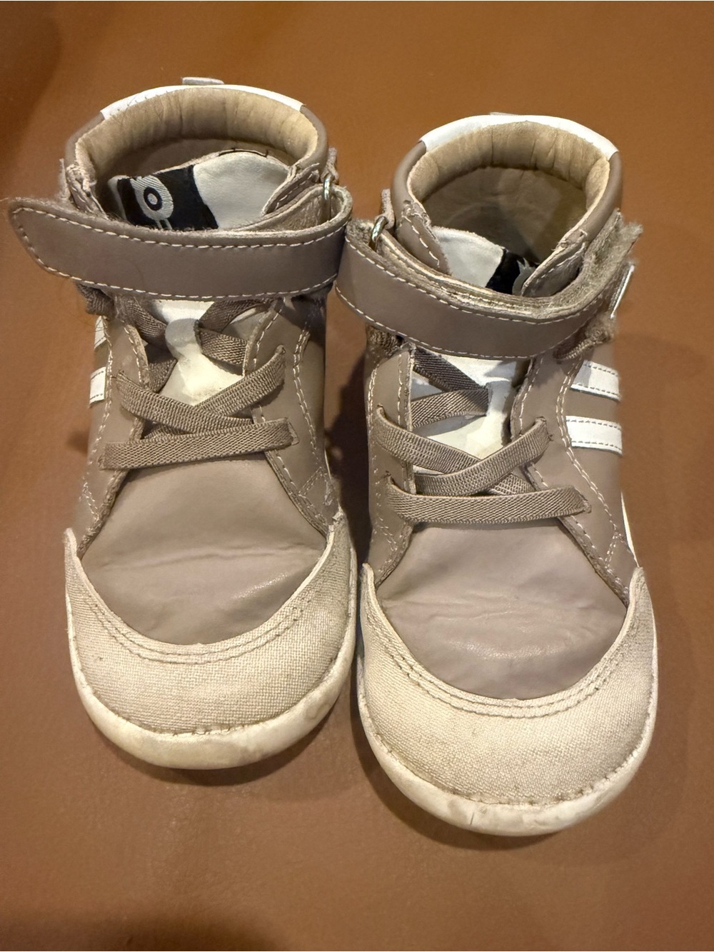 Old Soles Taupe and White Kids High-Top Sneakers with Velcro Strap